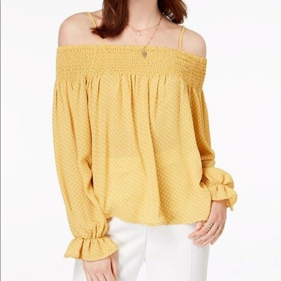 Ultra Flirt‎ Top Smocked Off the Shoulder Yellow Polka Dotted Woman's Size L - Picture 1 of 6